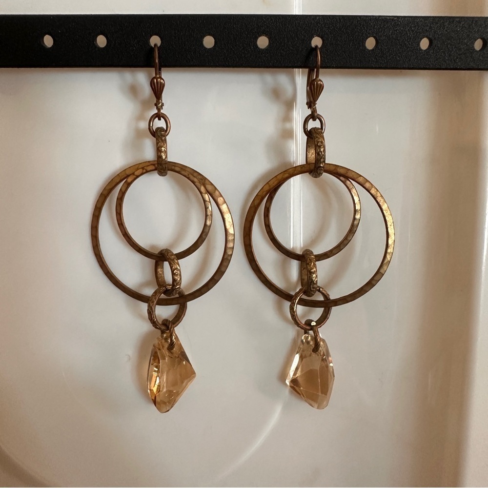 Boho Hammered Brass Hoop Earrings w/ Crystal Drop Dangle Artisan Chic 3”